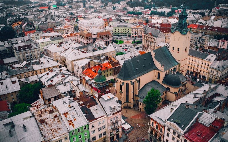 Bird's-eye view image of European city.