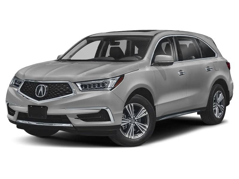 Front and side view of a light gray Acura MDX SUV.