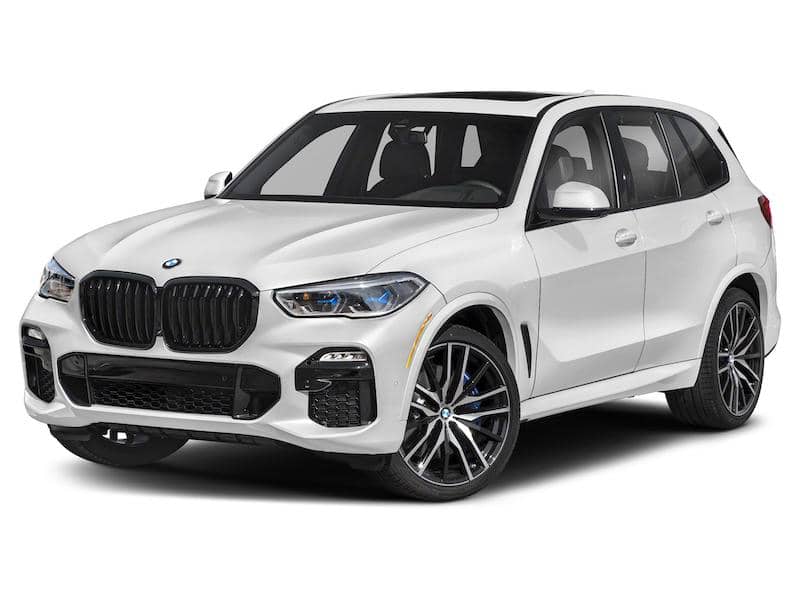 Front and side view of a white BMW X5 SUV.