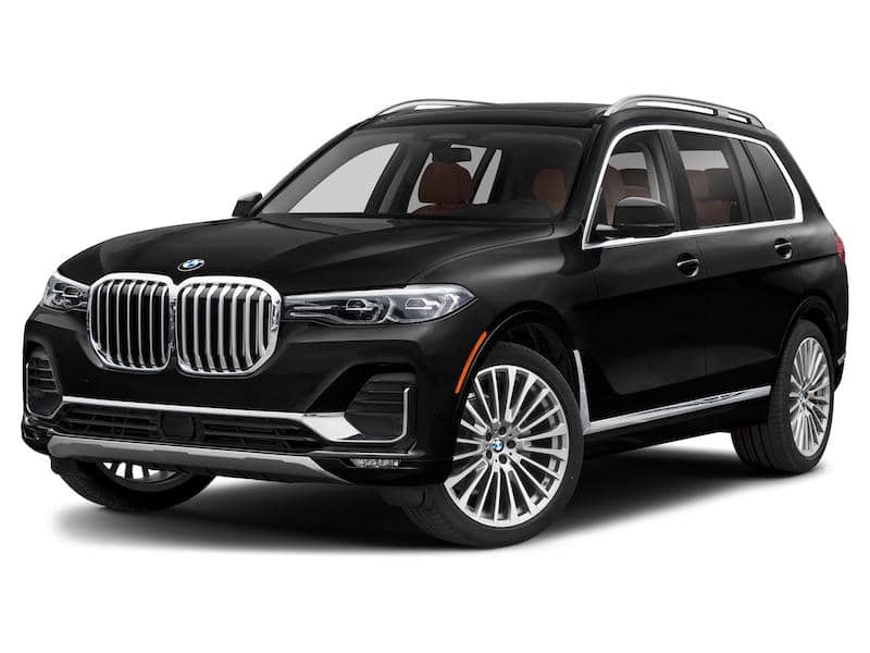 Front and side view of a black BMW X7 SUV.