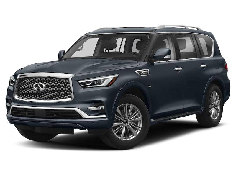 Front and side view of a dark blue-gray Infiniti QX80 SUV.
