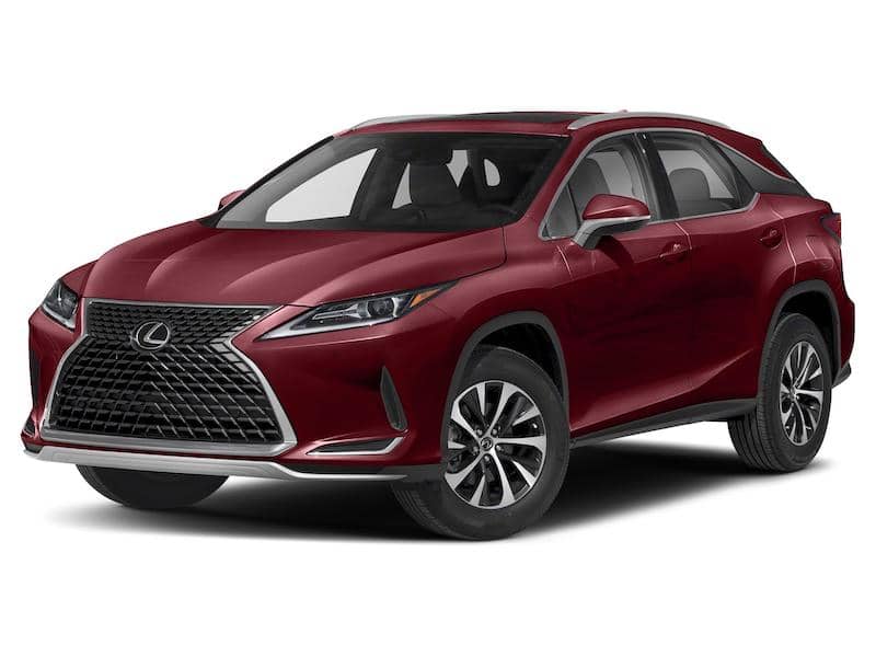 Front and side view of a dark red Lexus RX 350 SUV.