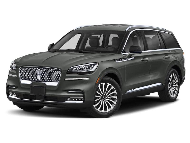 Front and side view of a green-gray Lincoln Aviator SUV.