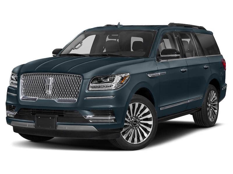 Front and side view of a dark teal Lincoln Navigator SUV.