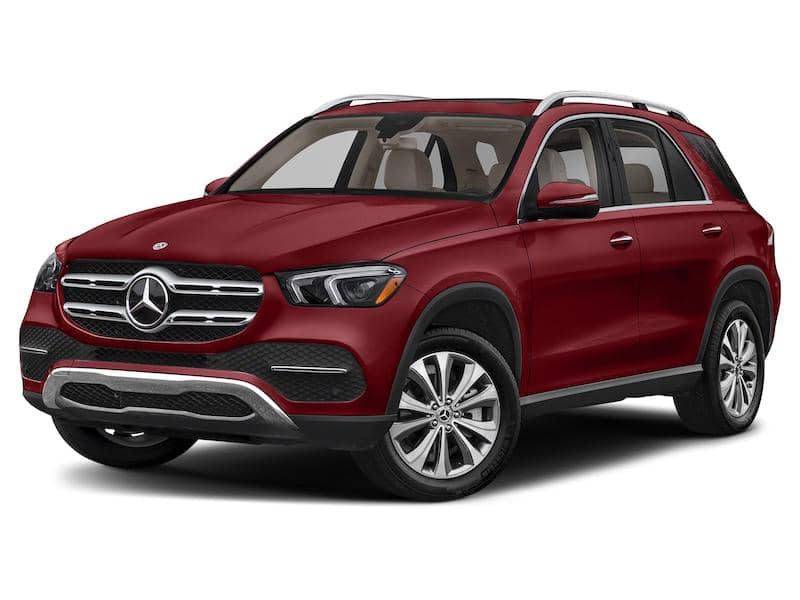 Front and side view of a bright red Mercedes-Benz GLE350 SUV.