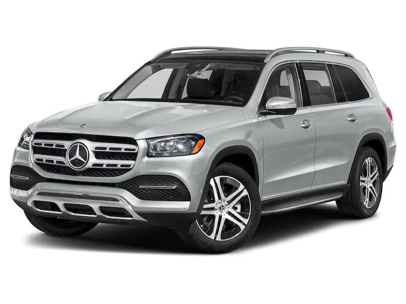 Front and side view of a silver Mercedes-Benz GLS-Class SUV.