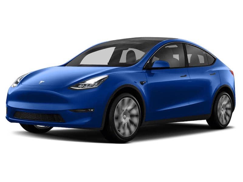 Front and side view of a bright blue Tesla Model Y SUV.