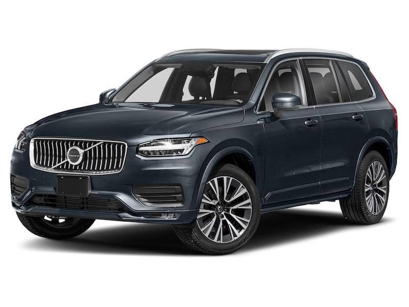 Front and side view of a dark blue-gray Volvo XC90 SUV.