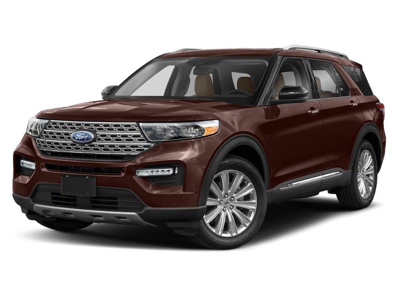 Dark, warm brown Ford Explorer front exterior view.