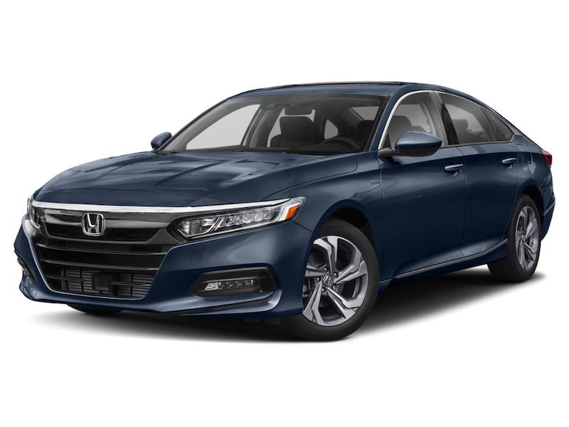 Dark desaturated blue Honda Accord front exterior view.
