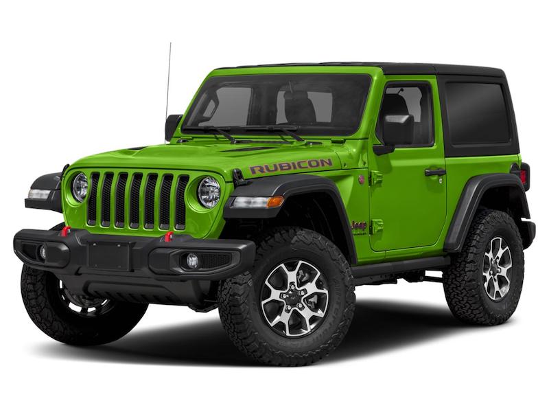 Bright green Jeep Wrangler front exterior view.