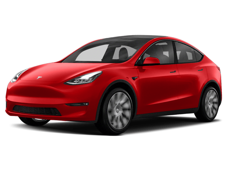 Bright red Tesla Model Y front exterior view.