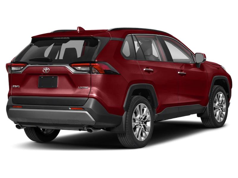 Deep red Toyota RAV4 rear exterior view.