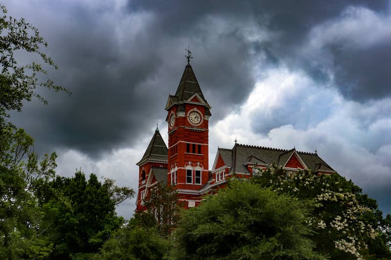 View of the top of Samford Hall with an overcast sky in Auburn, Alabama.