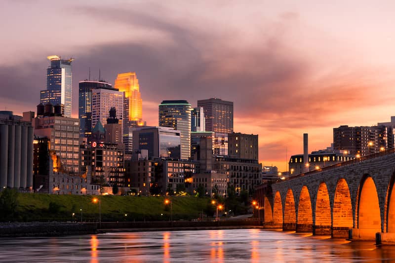 The Minneapolis, Minnesota skyline at sunset.