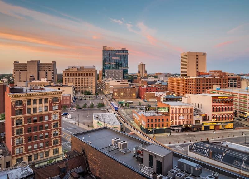 The skyline view of Detroit, Miv=chigan.