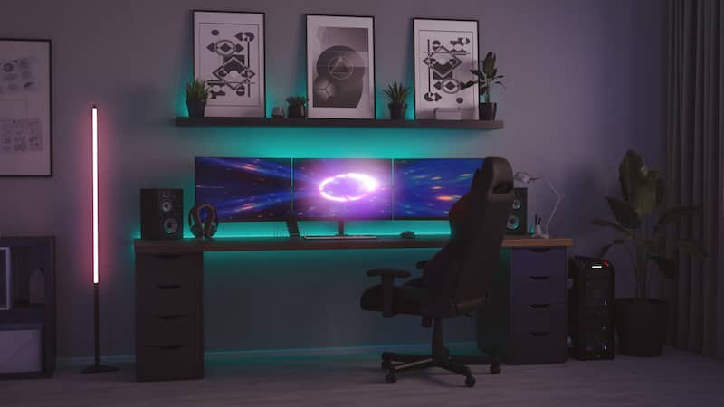 Multiple monitor pc gaming set up in basement.