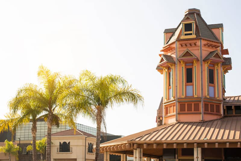 Building in Anaheim California with palm trees.