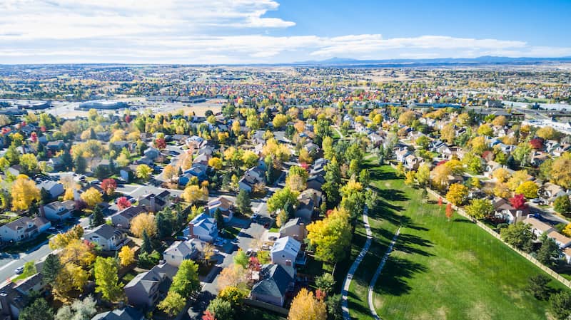 Aerial view of neighborhoods in Aurora, Colorado.