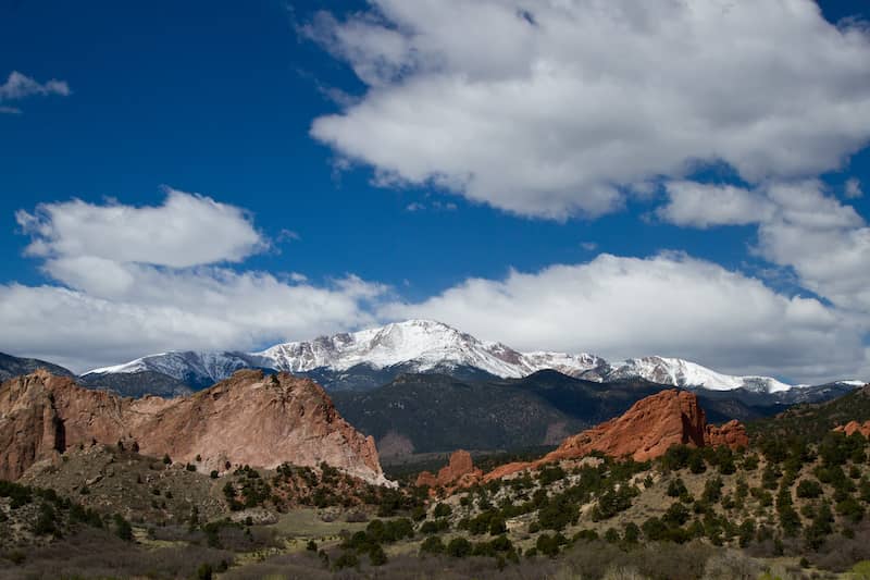 Distant view of Pikes Peak mountains.