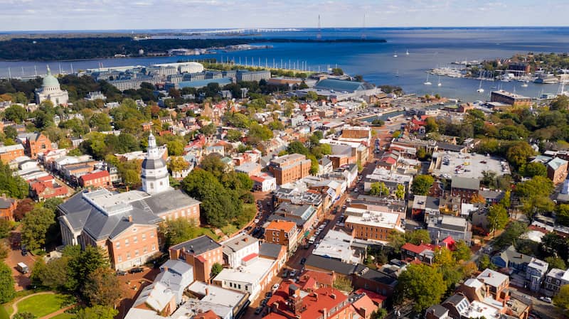 aerial view of Maryland town on the coast