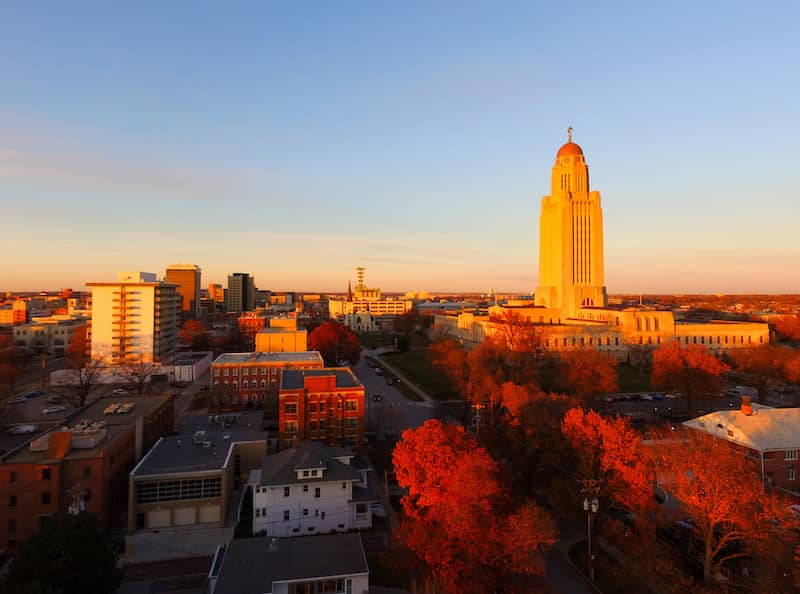 sun setting over Nebraska city