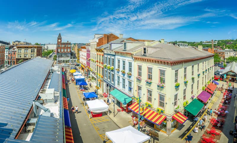 Aerial View Of Colorful Houses With Street Vendors