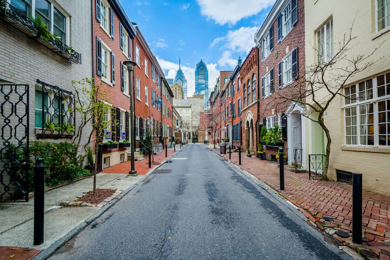 Brick Alley With Philidelphia Skyline