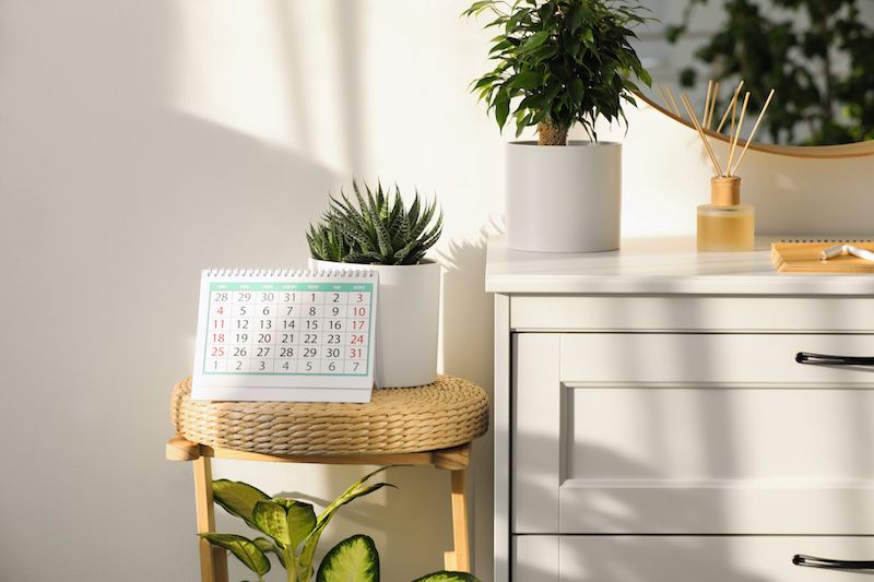 Ceramic accents and calendar in entryway of home.