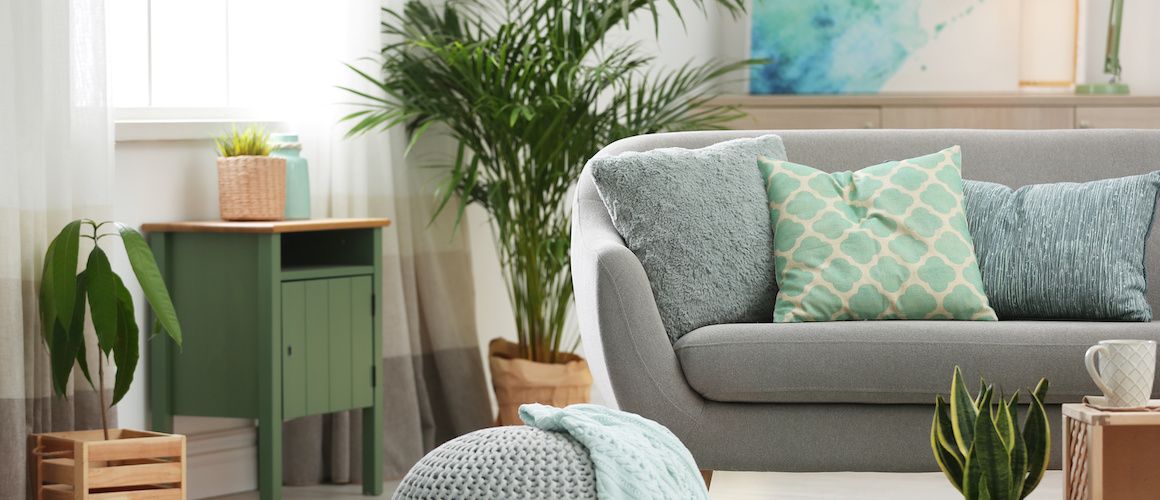 Bright living room with greens and blue colors.