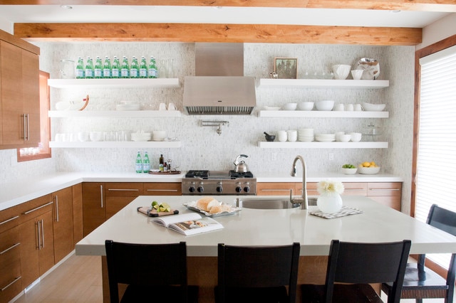 wall in kitchen with lots of shelves