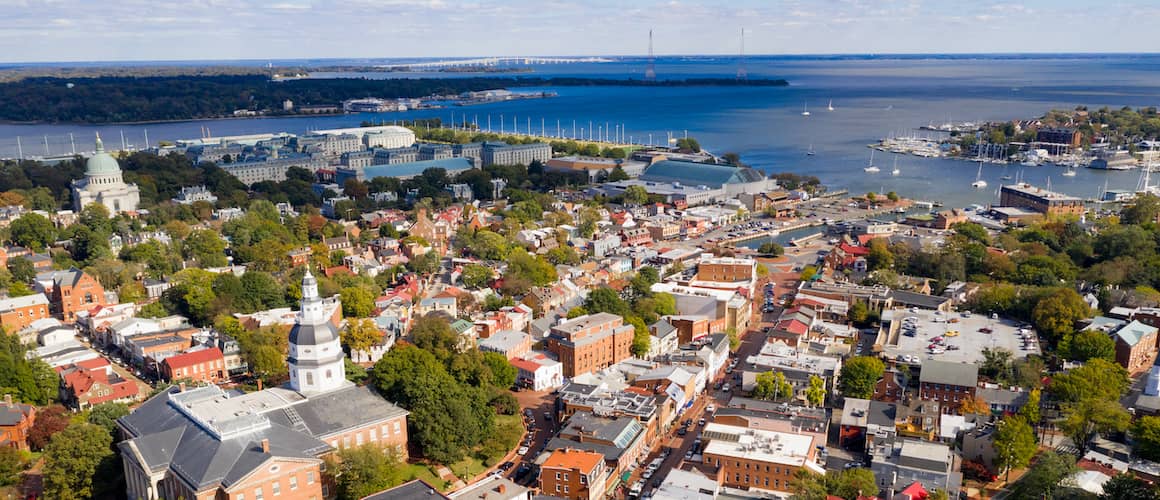 Aerial view of Annapolis state house, Maryland.