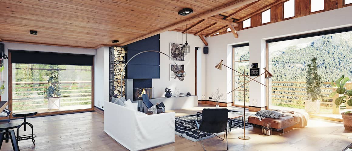 Interior of living room with large picture windows