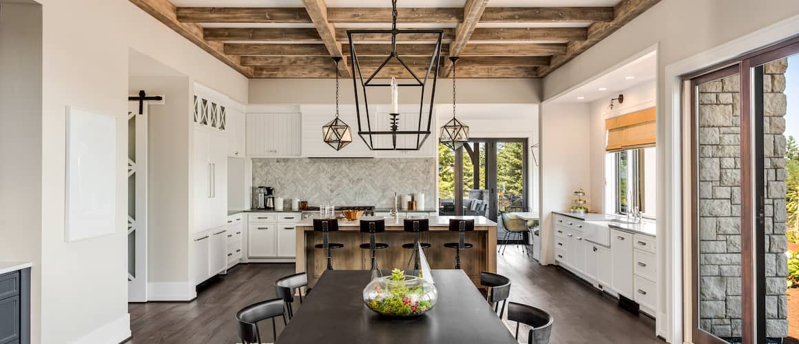 Interior of Open Floor Plan Dining Room And Kitchen In Rent To Own Home