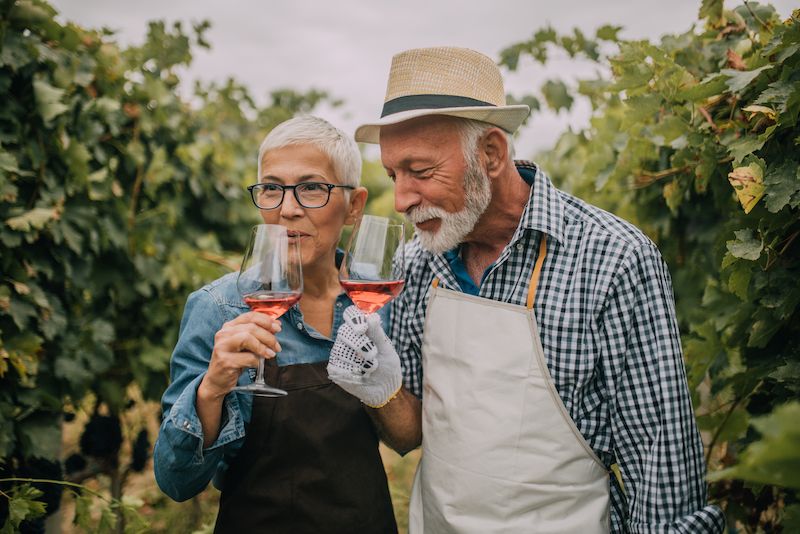Couple sipping wine in a vineyard in Virginia