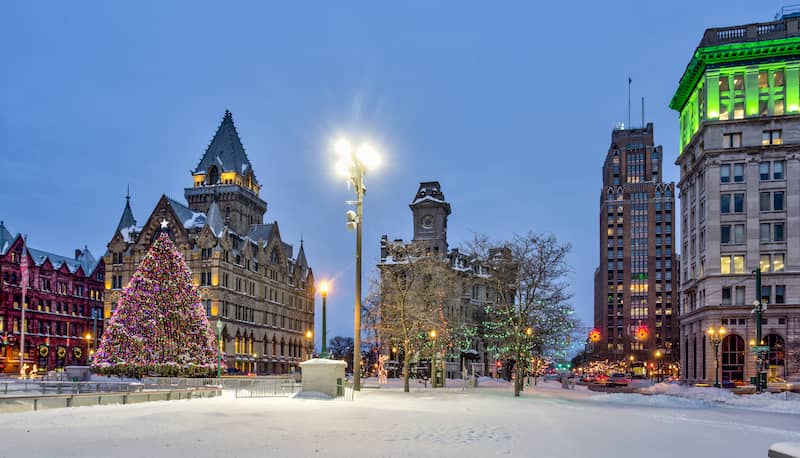 Syracuse, New York decorated in Christmas lights and snow
