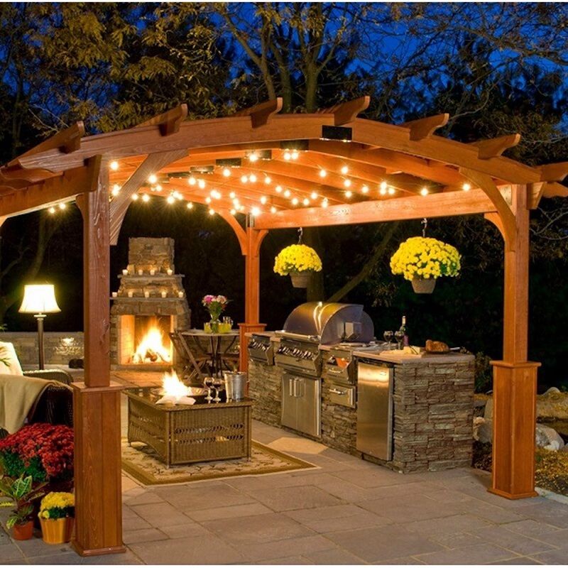 outdoor lights around a wooden pergola