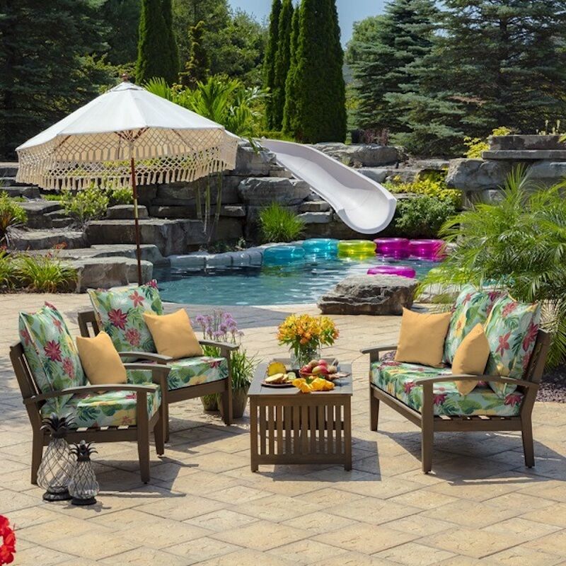 tropical cushions on an outdoor table set