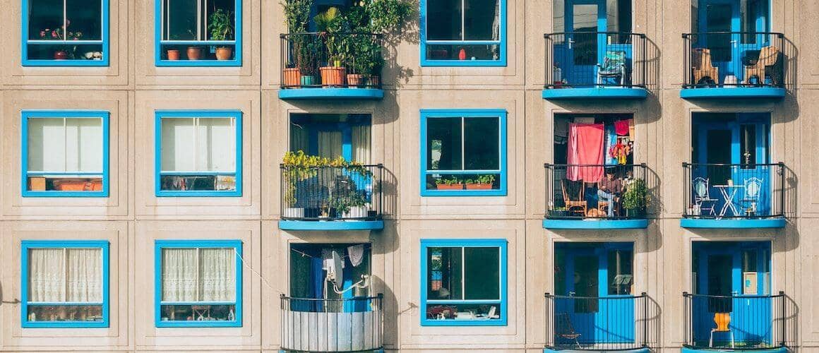 High rise apartments with colorful balconies.